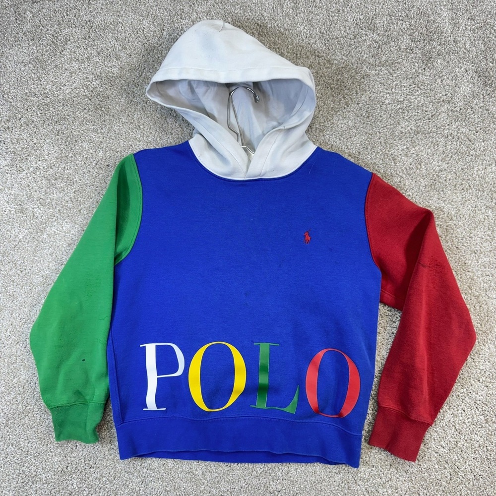Polo Ralph Lauren Boys M 10-12 Colorblock Hoodie Blue Green Red White Logo